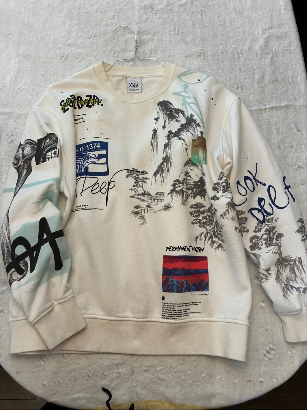 Zara Cream Graphic Crewneck with Multicolor Prints